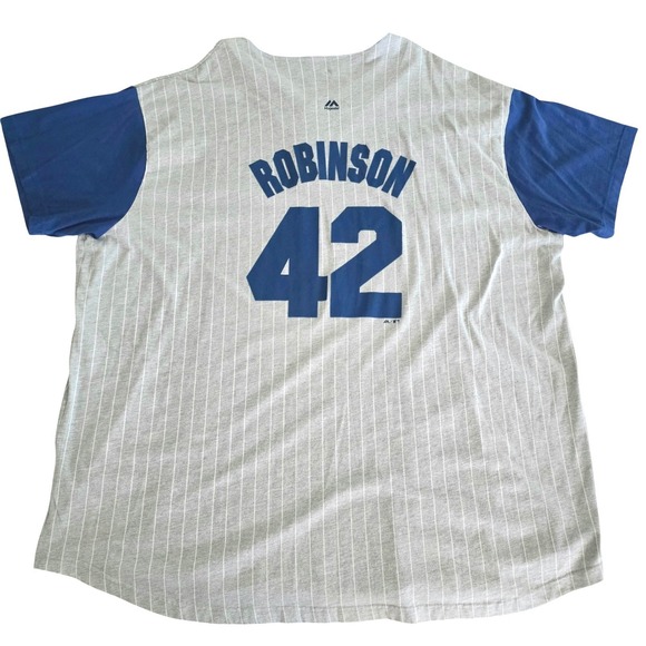 Majestic Brooklyn Dodgers Robinson 42 Baseball Jersey 5XL Gray Blue‎ Flawed - Picture 2 of 5